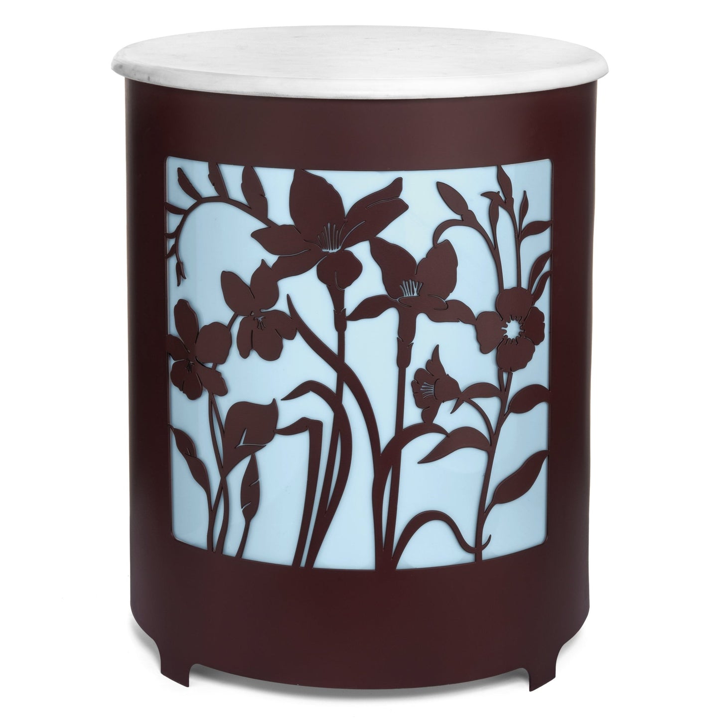 Metal LED Side End Table with Elegant Laser-Cut Floral Design and Marble Top by H Potter