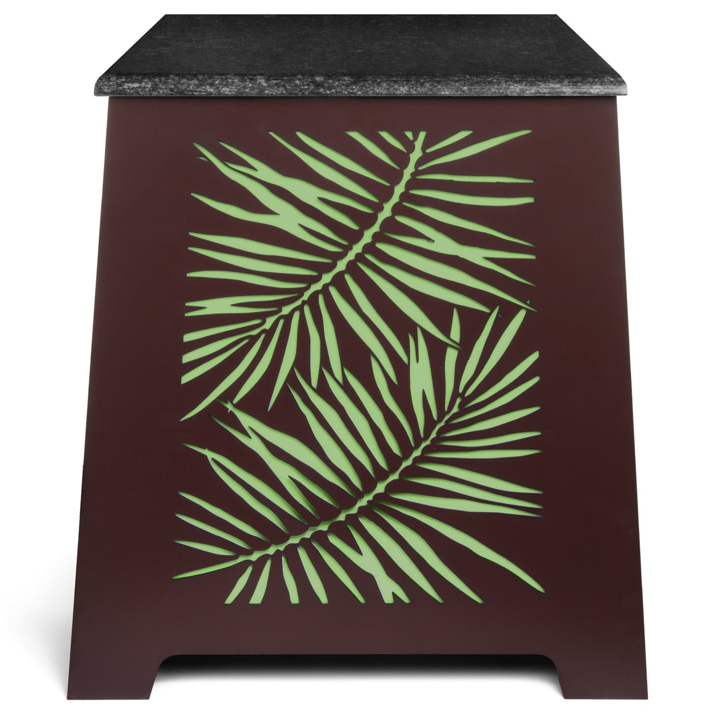 Metal LED Side End Table with Elegant Laser-Cut Fern Design and Marble Top by H Potter