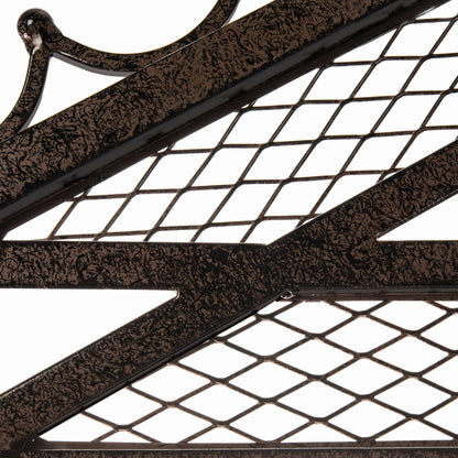 Close-up of welded gridwork on H Potter wrought-iron arbor, signature charcoal-brown powder-coat finish