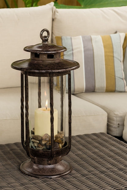 H Potter small hurricane candle lantern on deck table — outdoor wedding and dining décor for backyard, deck, or porch, USA