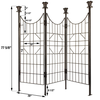 Dimensions diagram for H Potter GAR120 landscape trellis screen with curved tops and cast iron finials, measurements labeled