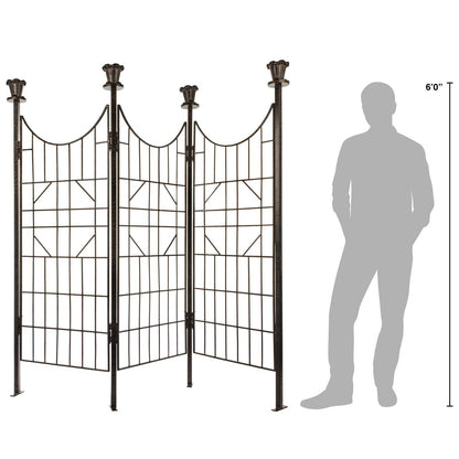GAR120 trellis screen shown to scale beside a 6-ft person, three hinged panels for flexible layout, metal yard art