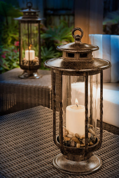 H Potter cast iron hurricane candle lantern with pillar candle — indoor/outdoor decorative lighting for patio, USA