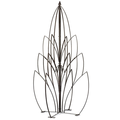 Front view of H Potter Lotus Bud metal garden trellis, decorative lotus-bud finials, outdoor yard art for backyard landscape