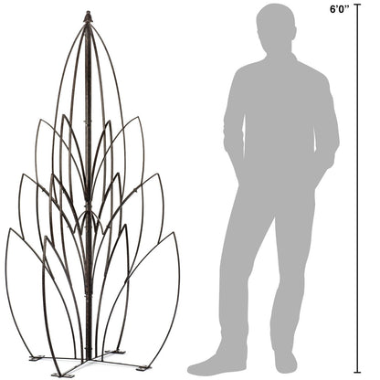 H Potter Lotus Bud garden trellis shown to scale beside a 6-ft person silhouette