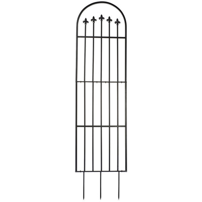 Front view of H Potter wrought iron trellis with ground spikes, vertical bars and cross-braces, black.