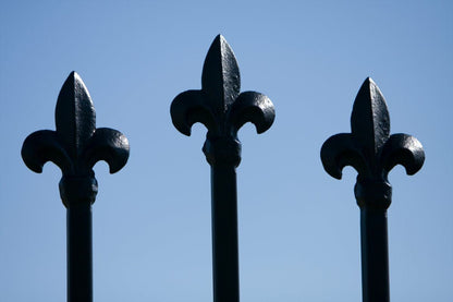 Close-up of finial on H Potter wrought iron trellis, smooth black powder-coat finish