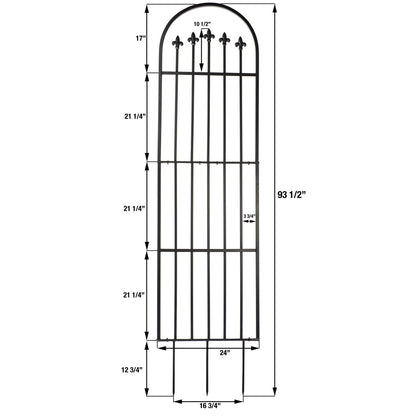Dimensions diagram for H Potter large garden trellis, wrought iron, five-finial modern design