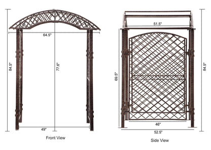 Dimensions diagram of H Potter metal garden arbor with width, depth, and height labeled