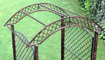 top angle of H Potter garden arbor showing arched profile and lattice panels for plant support