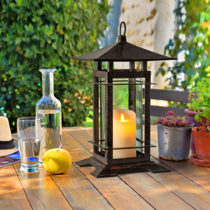 H Potter short cast iron candle lantern, front view for outdoor patio decor, designed in USA