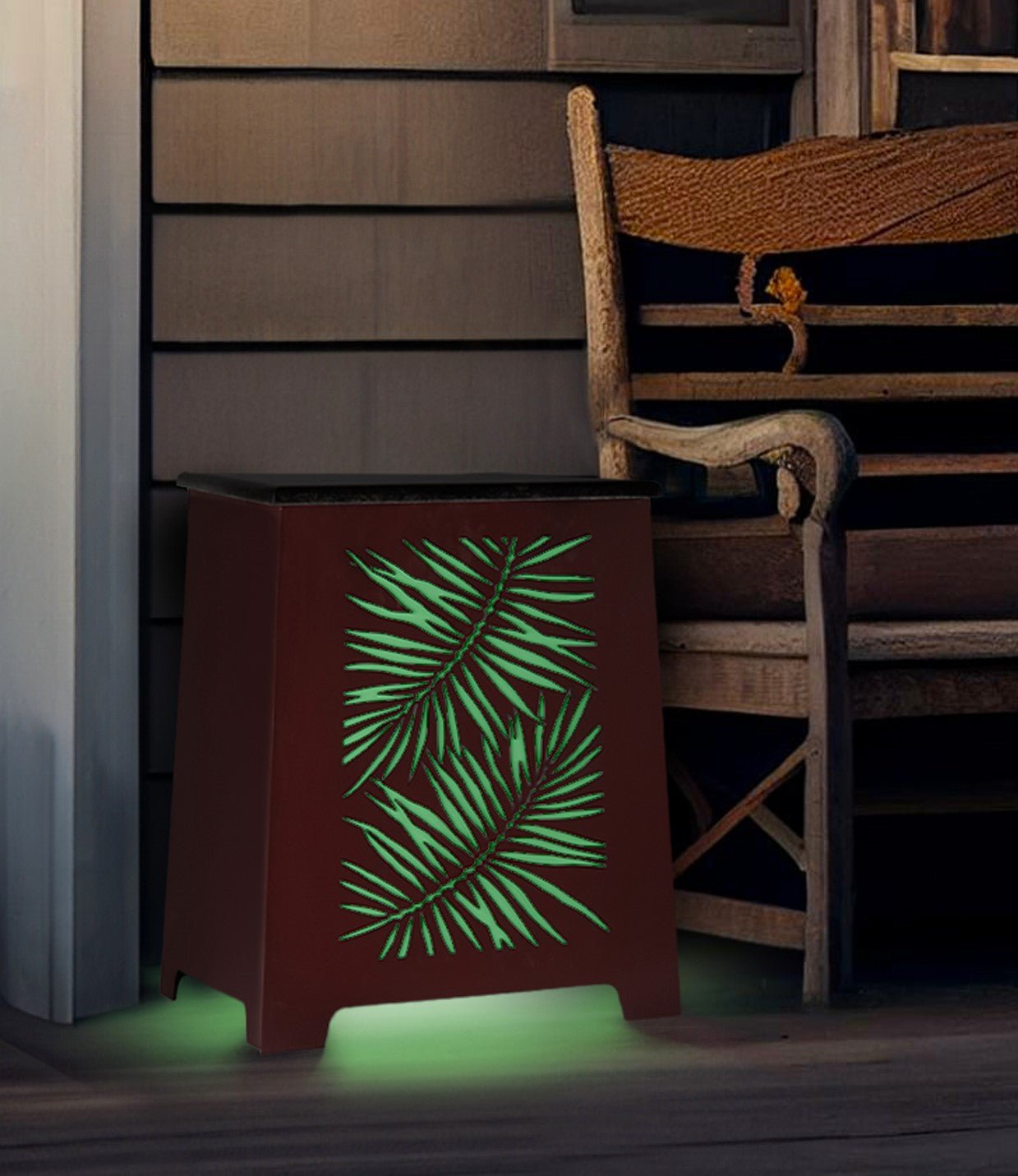 Metal LED Side End Table with Elegant Laser-Cut Fern Design and Marble Top by H Potter