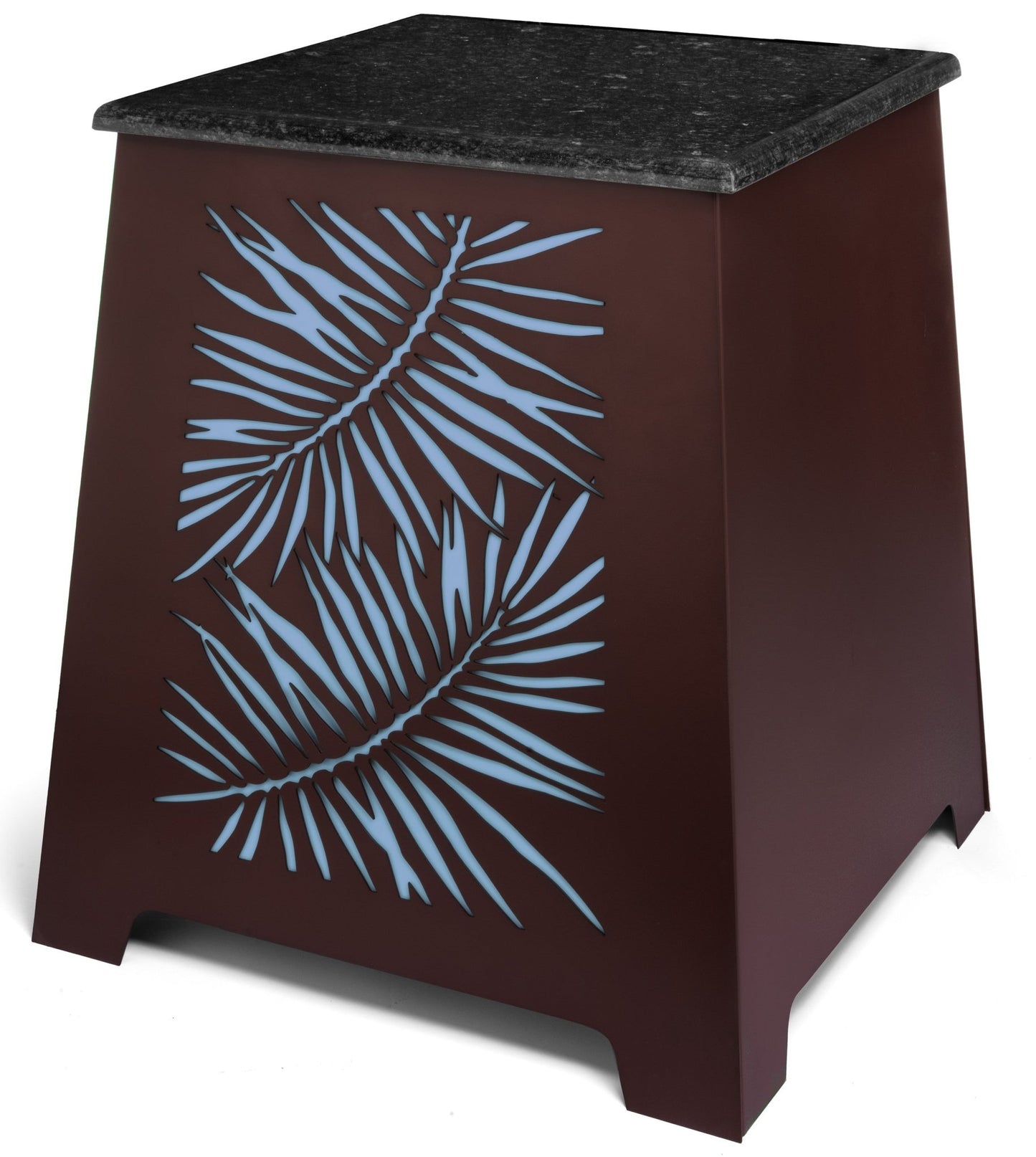 Metal LED Side End Table with Elegant Laser-Cut Fern Design and Marble Top by H Potter
