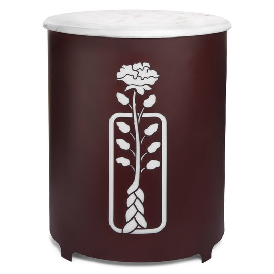 Metal LED Side End Table with Elegant Laser-Cut Floral Design and Marble Top by H Potter