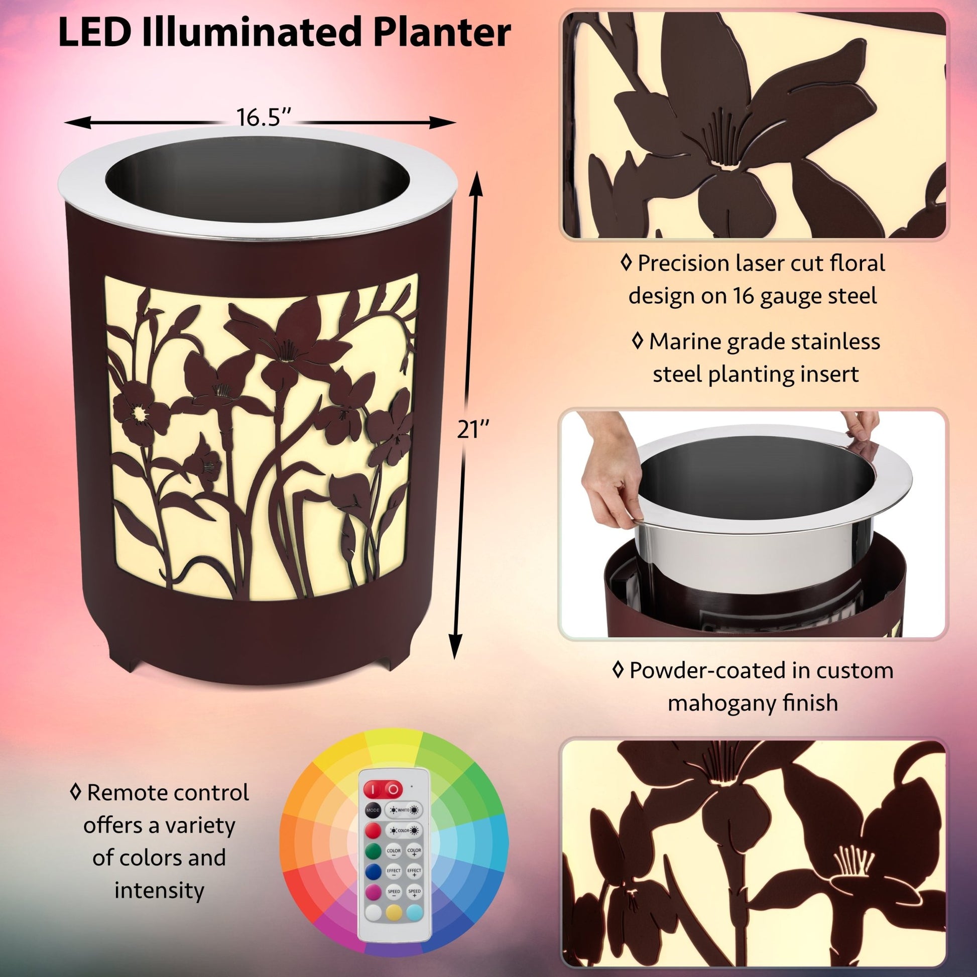 H Potter LED Lighted Planter Indoor Outdoor Flower Pots Patio Deck Garden