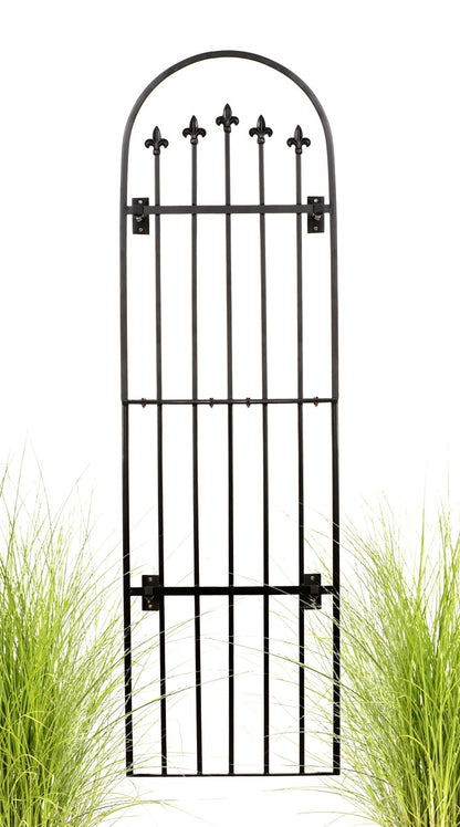 H Potter wrought iron garden wall trellis GAR525W1, arched top with fleur-de-lis finials, 24″W × 80.75″H, black powder-coated