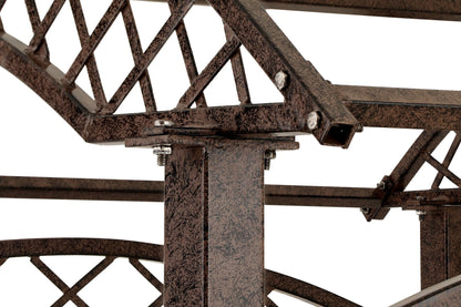 Close-up of H Potter arbor and welded joints, durable charcoal-brown powder coat garden trellis screen metal iron art yard