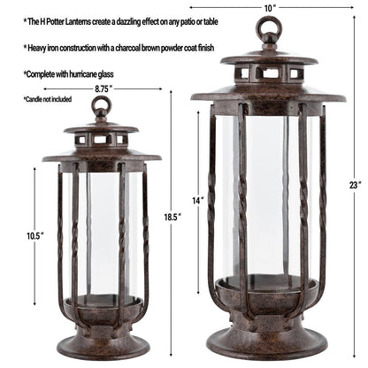 H Potter large and small hurricane candle lantern dimensions — size reference for indoor/outdoor use; height and width shown