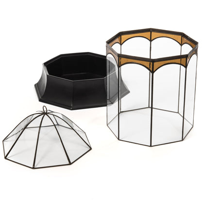 H Potter Eight Sided Terrarium Wardian Case with Curved Glass and Brown Accents Large