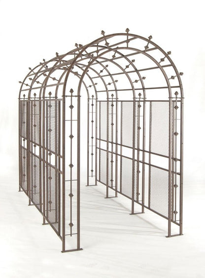 Front-side angle of H Potter iron garden arbor tunnel highlighting arched profile