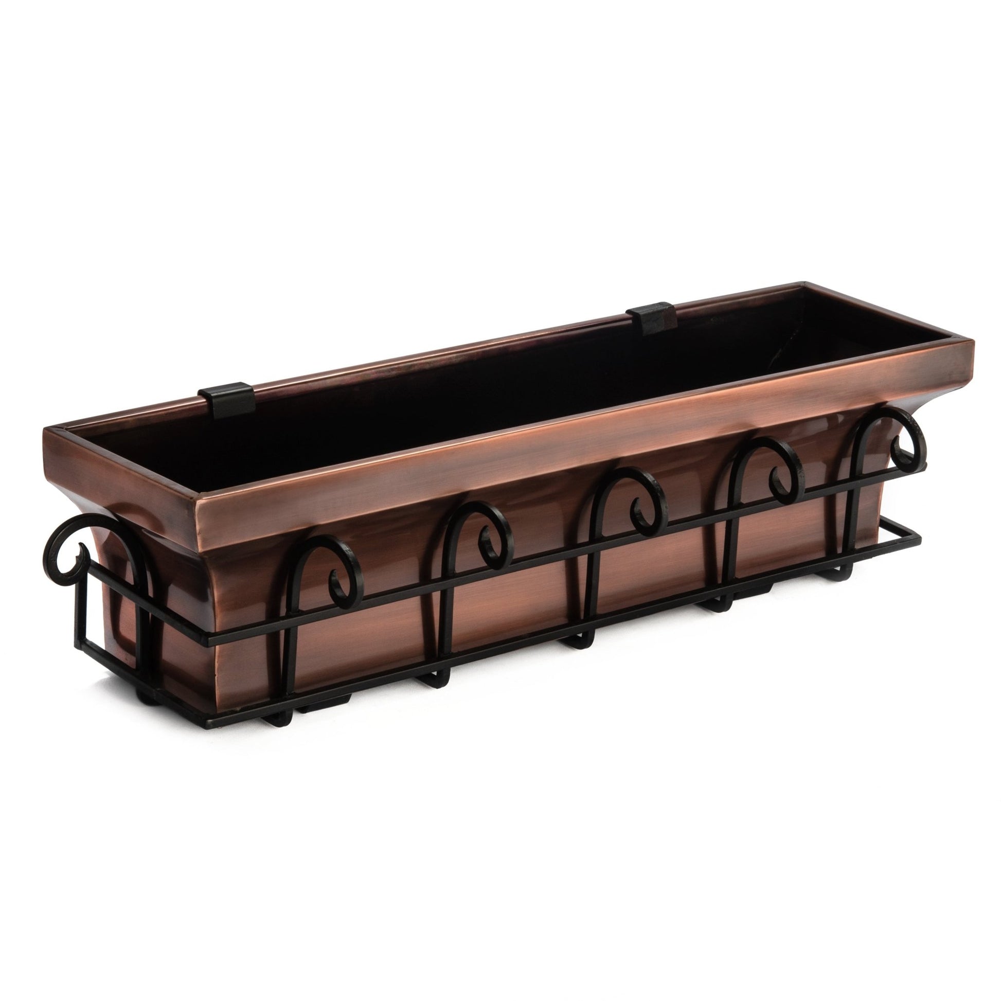 H Potter 30 inch flared antique copper window box planter with black scrolled iron frame