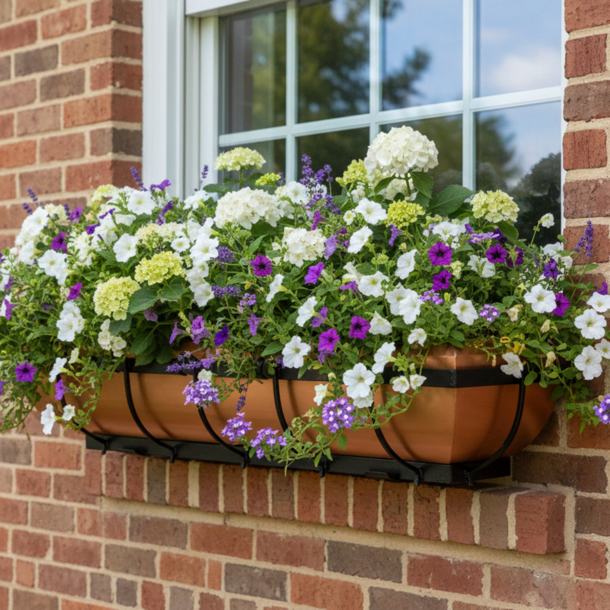 H Potter Copper Window Box Hanging Planter on a brick house filled with soft white and purple flowers