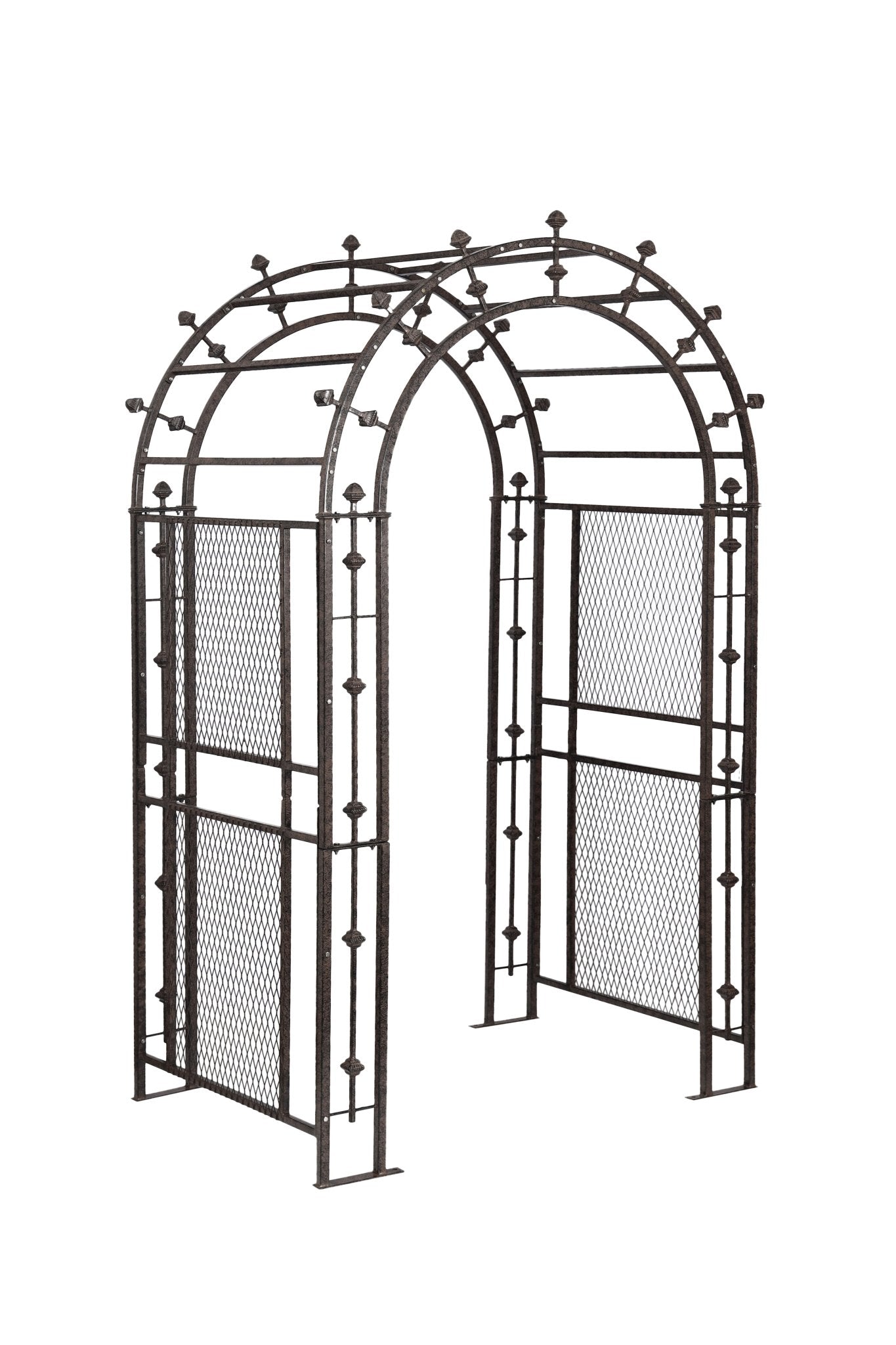 H Potter wrought-iron garden arbor archway, studio angle view showing mesh side panels and decorative finials for landscaping