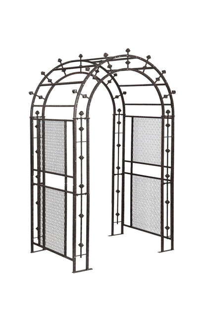 H Potter wrought-iron garden arbor archway, studio angle view showing mesh side panels and decorative finials for landscaping