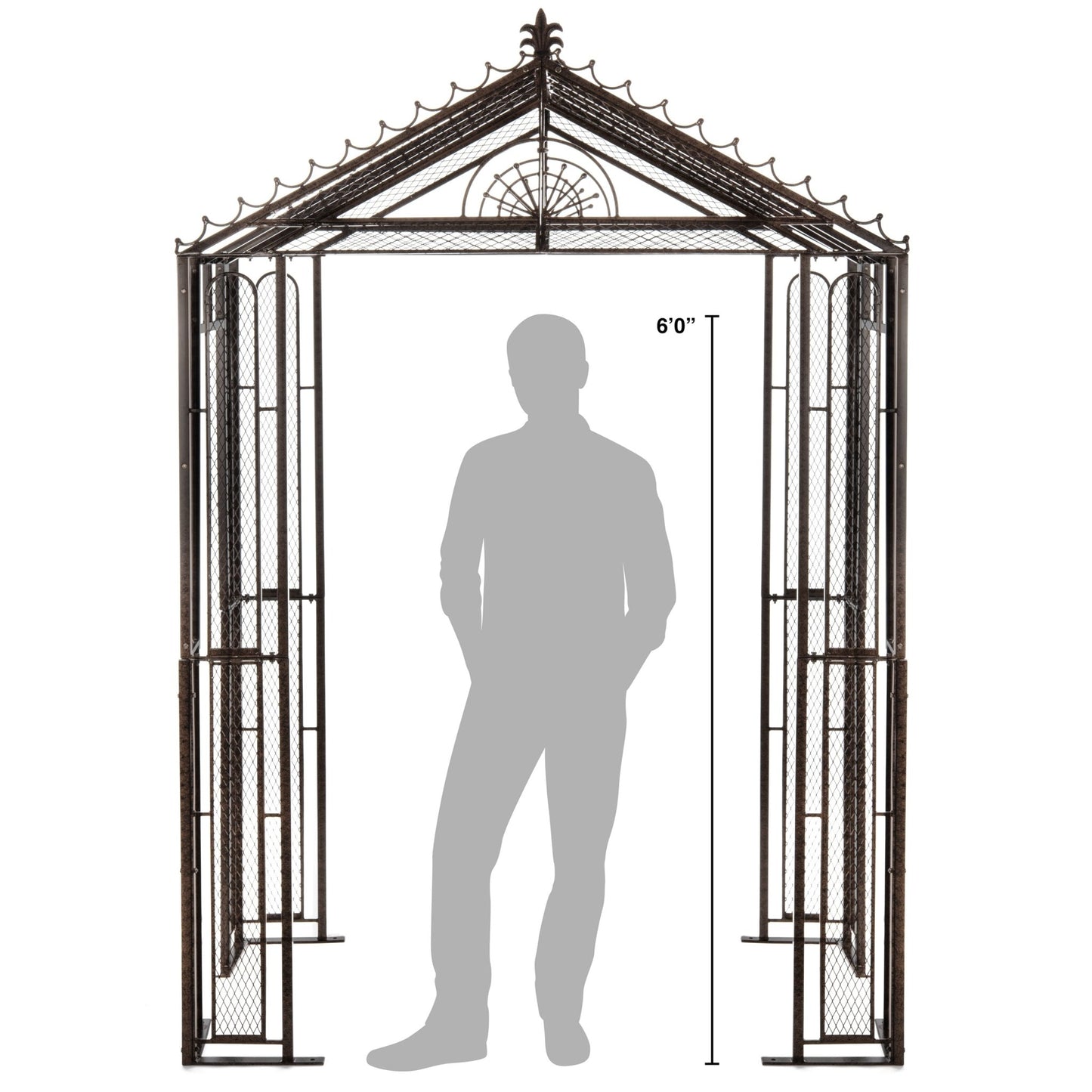 Front view of H Potter GAR141 garden arbor, 67″W × 40″D × 102″H, sturdy iron frame for climbing plant