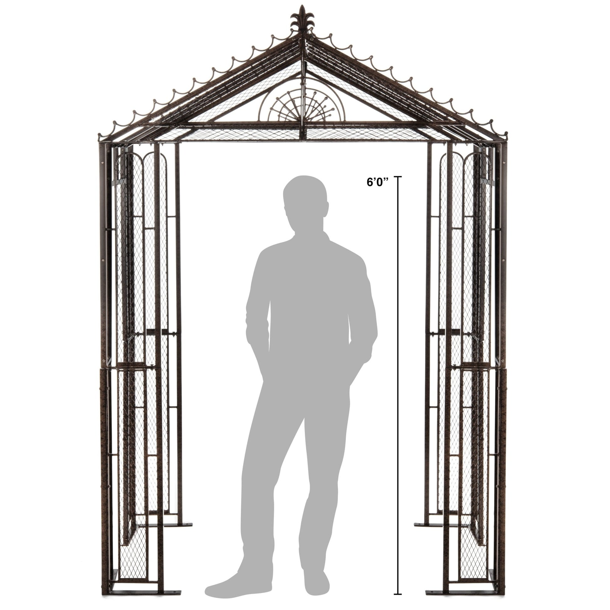 Front view of H Potter GAR141 garden arbor, 67″W × 40″D × 102″H, sturdy iron frame for climbing plant