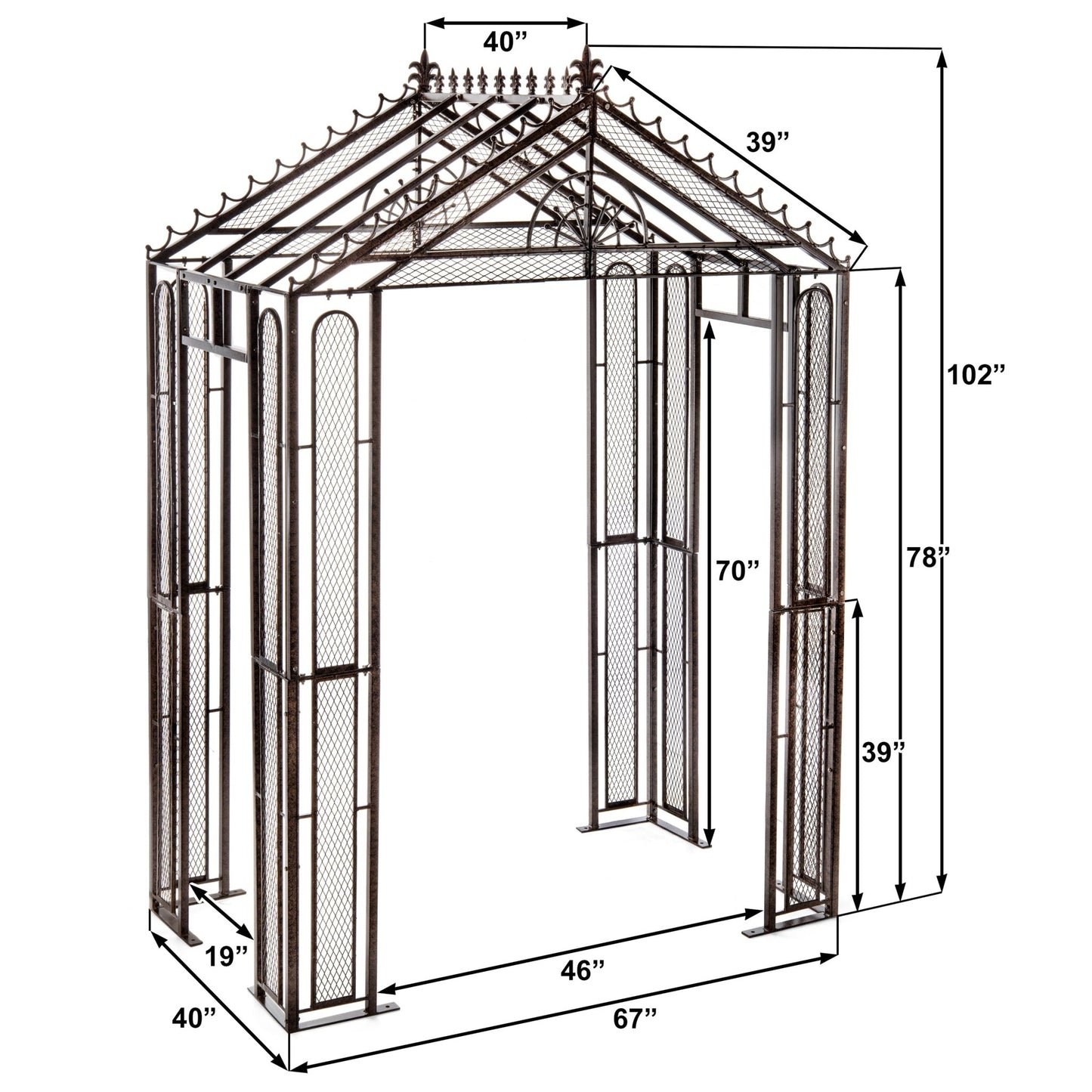 Dimensional diagram of H Potter GAR141 garden arbor showing 67″ width, 40″ depth & 102″ tall Heavy-Duty for Climbing Plants