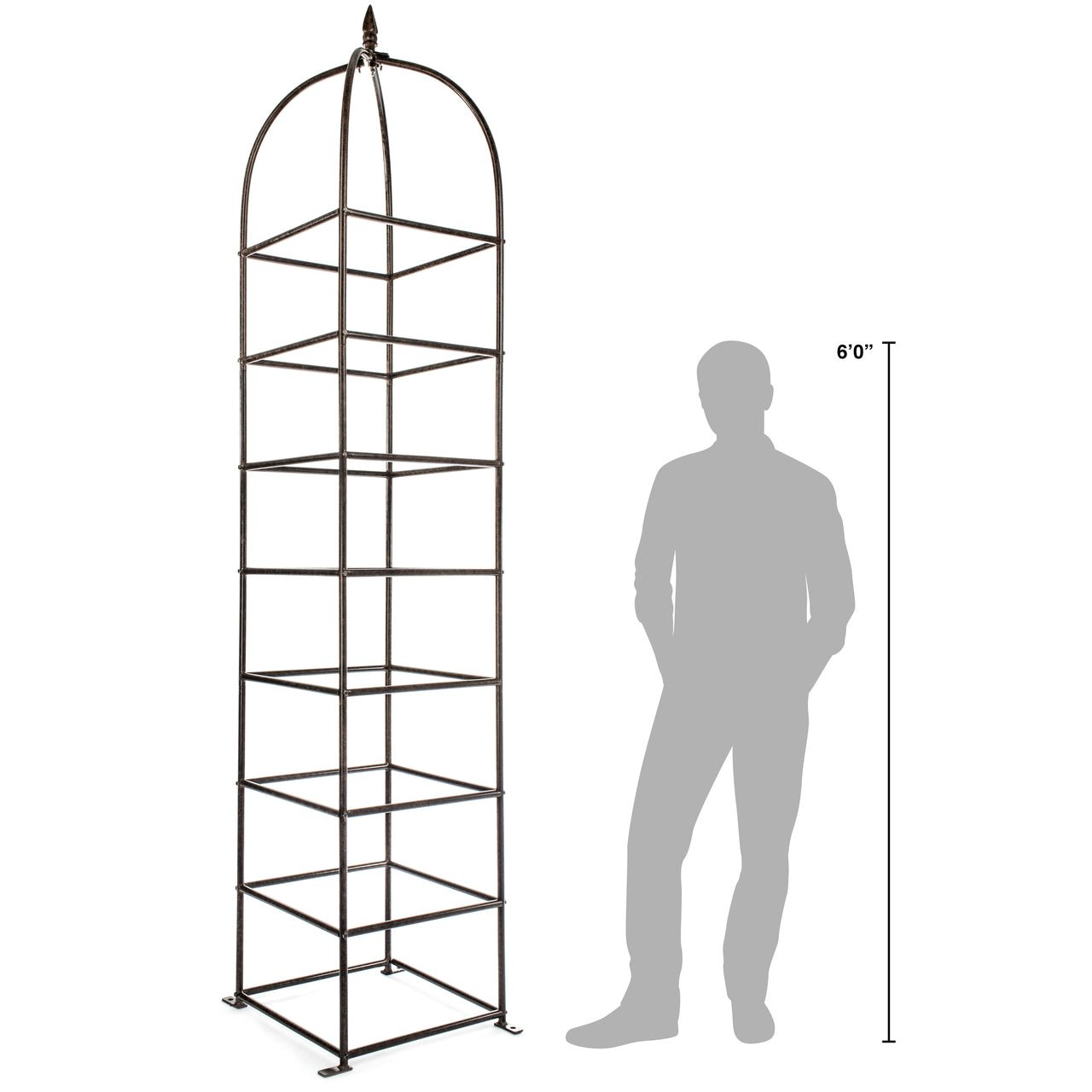 extra tall metal garden obelisk trellis shown next to person for height scale