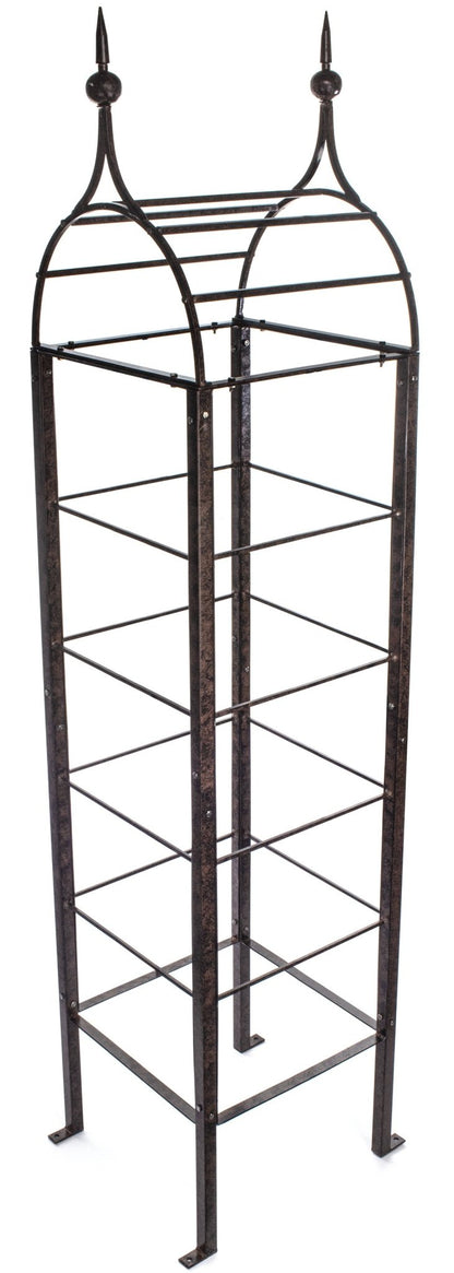 H Potter angled view of tall metal garden obelisk trellis with cross bar supports