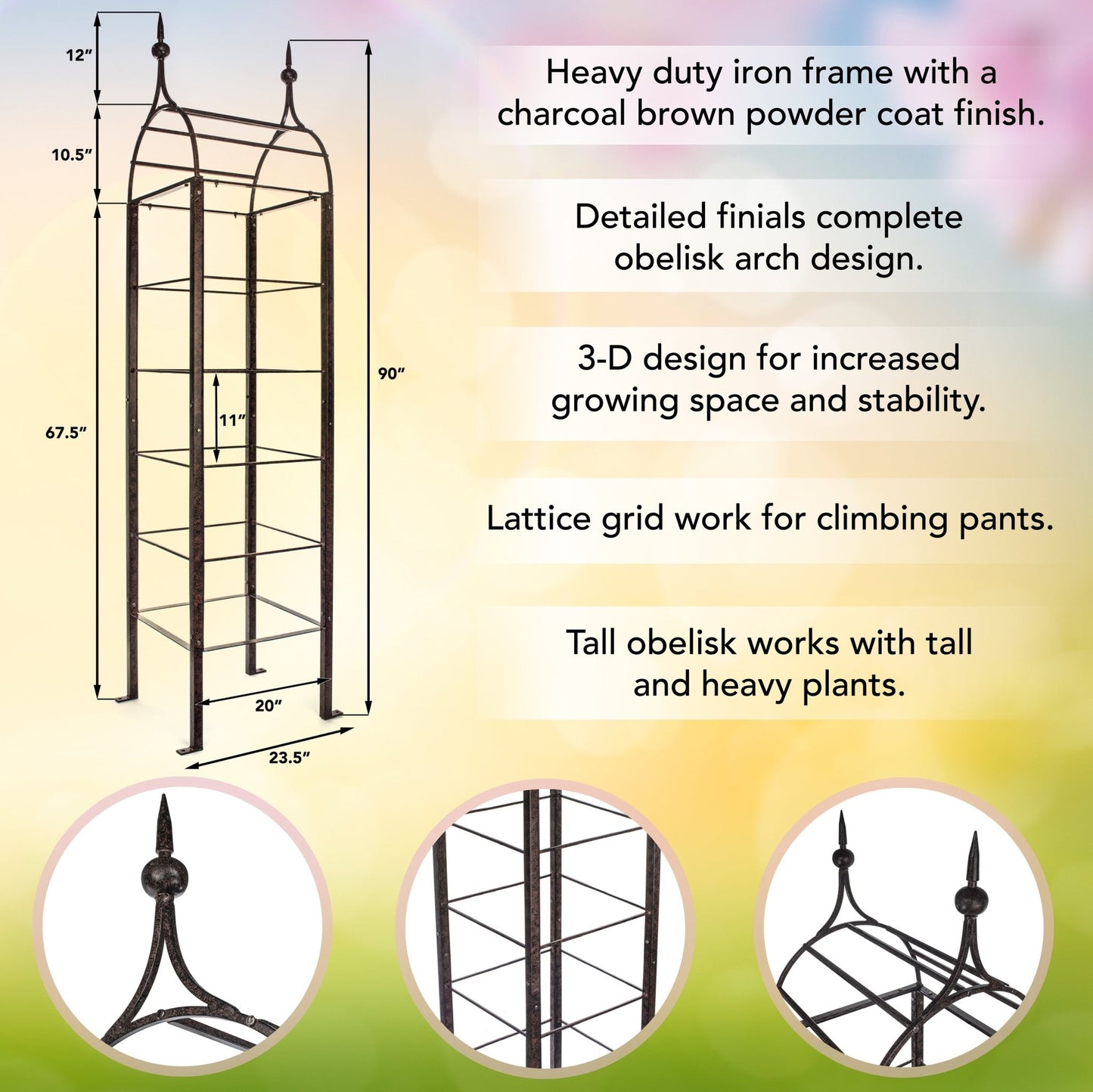 H Potter feature diagram showing heavy duty iron frame and cross supports on garden obelisk trellis