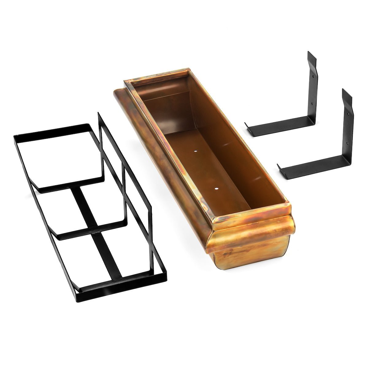 Window box planter components including copper liner and mounting brackets