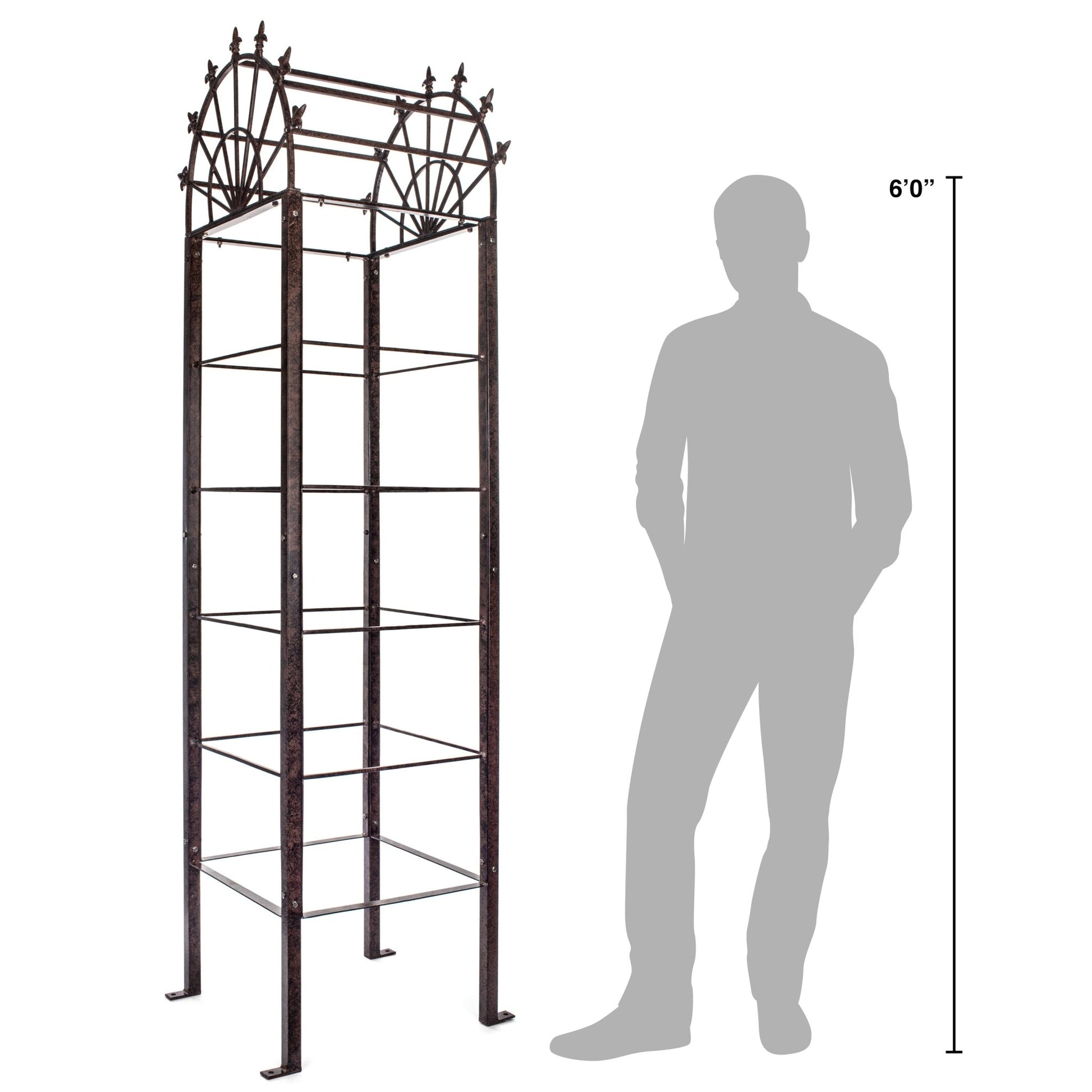 H Potter flowering vine obelisk trellis shown next to person for height scale