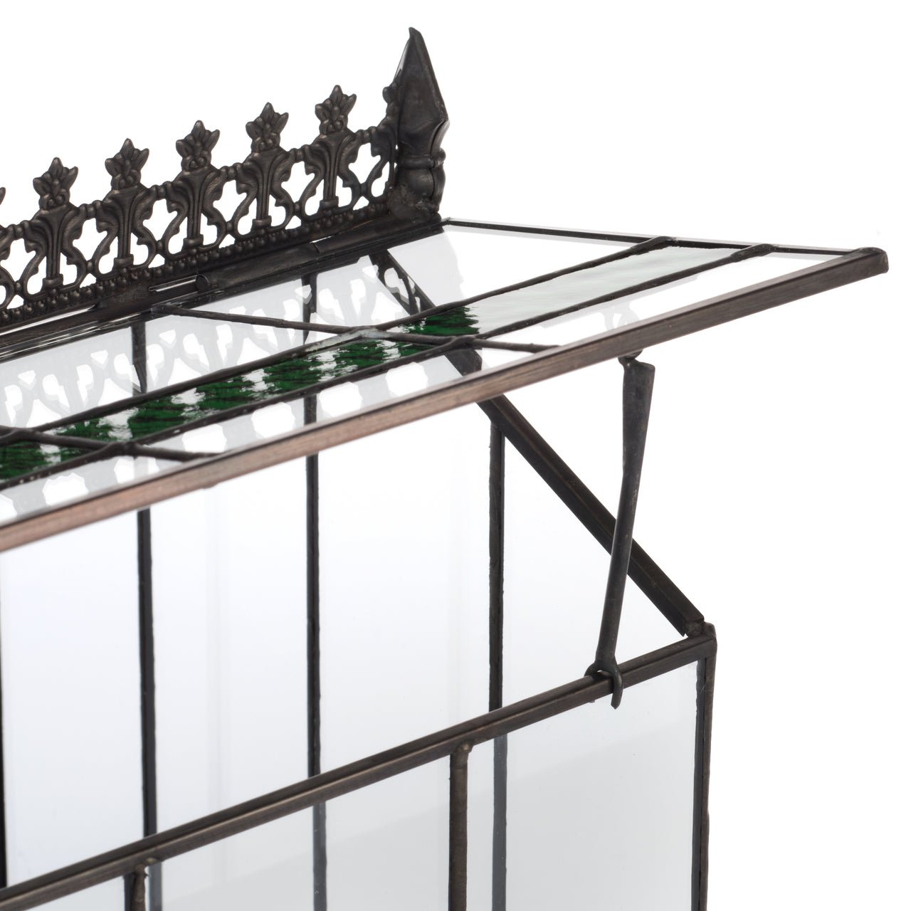 Close up of H Potter Terrarium Classic Wardian Case for Plants with green accent glass and metal tray indoor garden decor