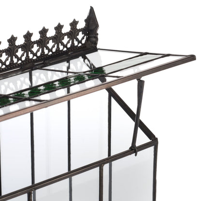 Close up of H Potter Terrarium Classic Wardian Case for Plants with green accent glass and metal tray indoor garden decor