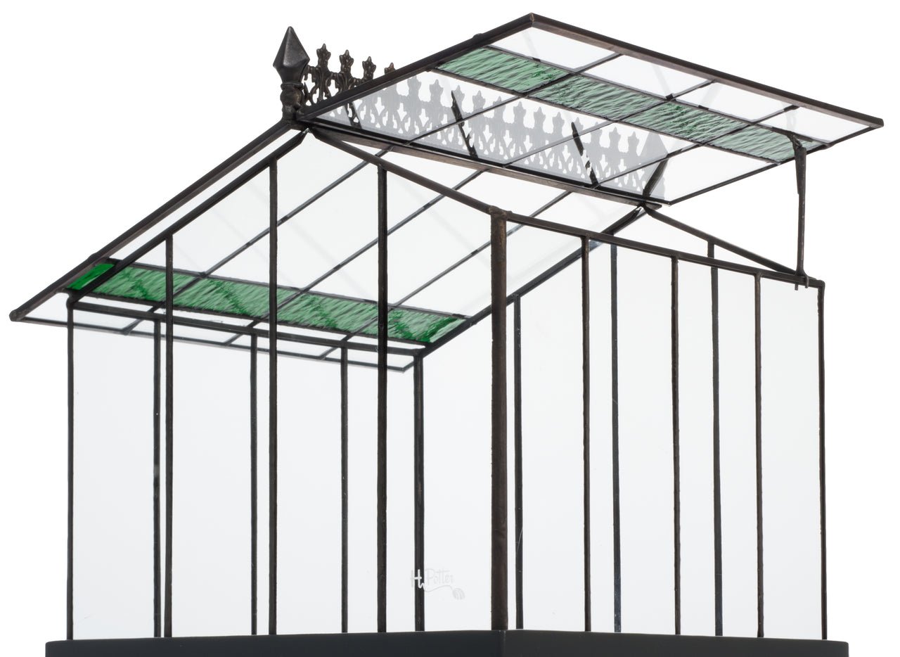 Close-up of the H Potter wardian case terrarium with the hinged glass roof propped open, demonstrating easy access for planting and maintenance.