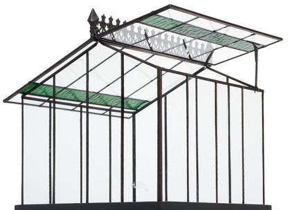 Close-up of the H Potter wardian case terrarium with the hinged glass roof propped open, demonstrating easy access for planting and maintenance.