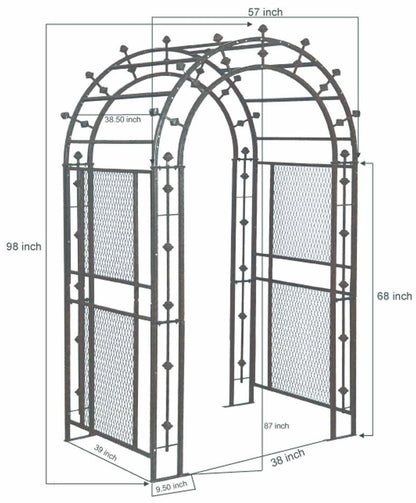 Dimensions diagram for H Potter GAR169 garden arbor, 57″ W × 38″ D × 98″ H with labeled measurements
