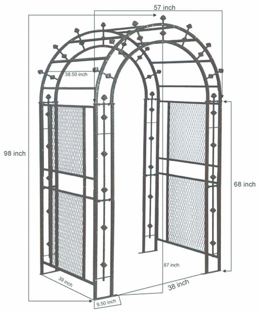Dimensions diagram for H Potter GAR169 garden arbor, 57″ W × 38″ D × 98″ H with labeled measurements