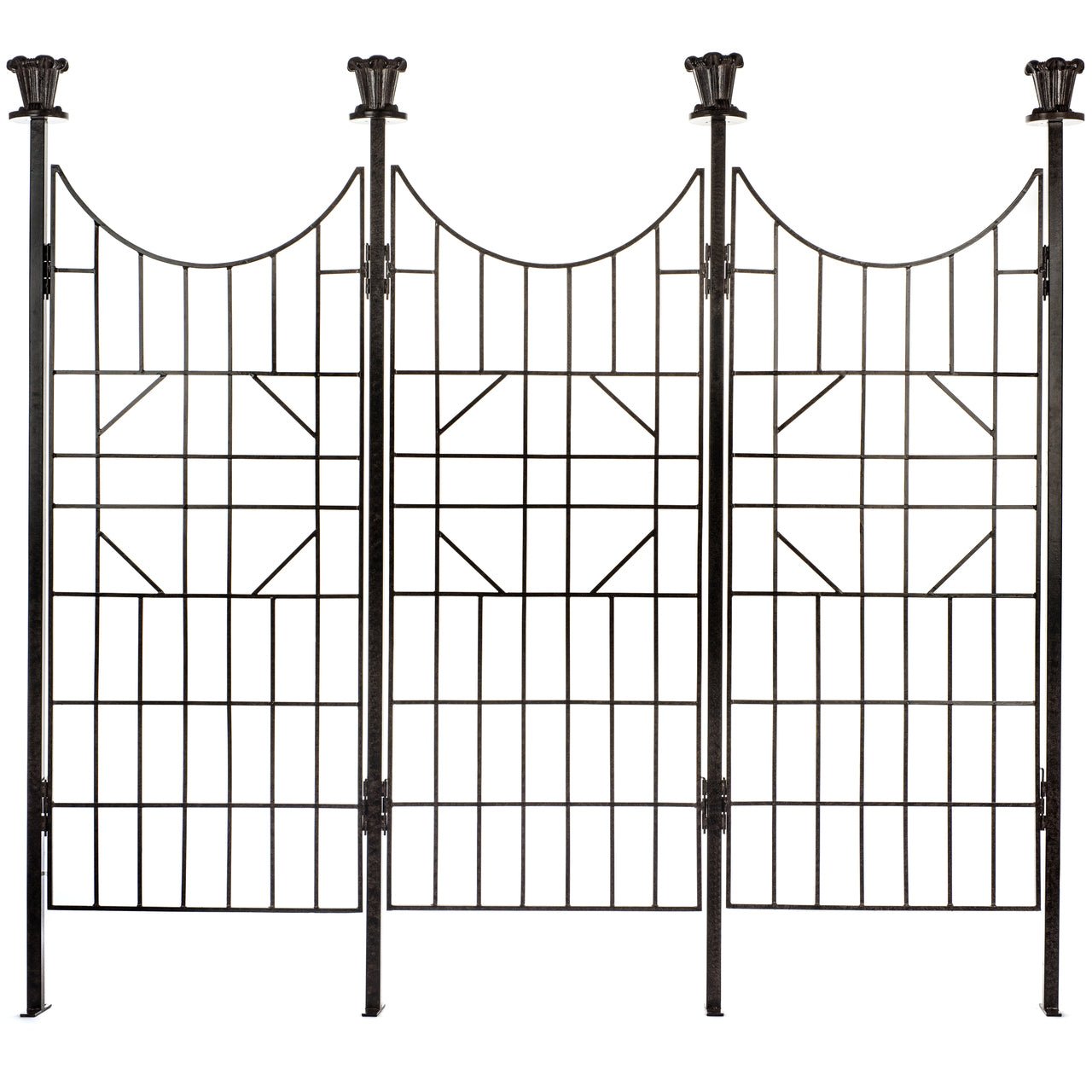 Front view of H Potter trellis screen, three panels with grid lattice design, charcoal-brown powder coat, create a fence