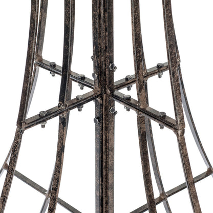 Close-up of H Potter obelisk trellis base joinery and hardware, sturdy welded iron construction