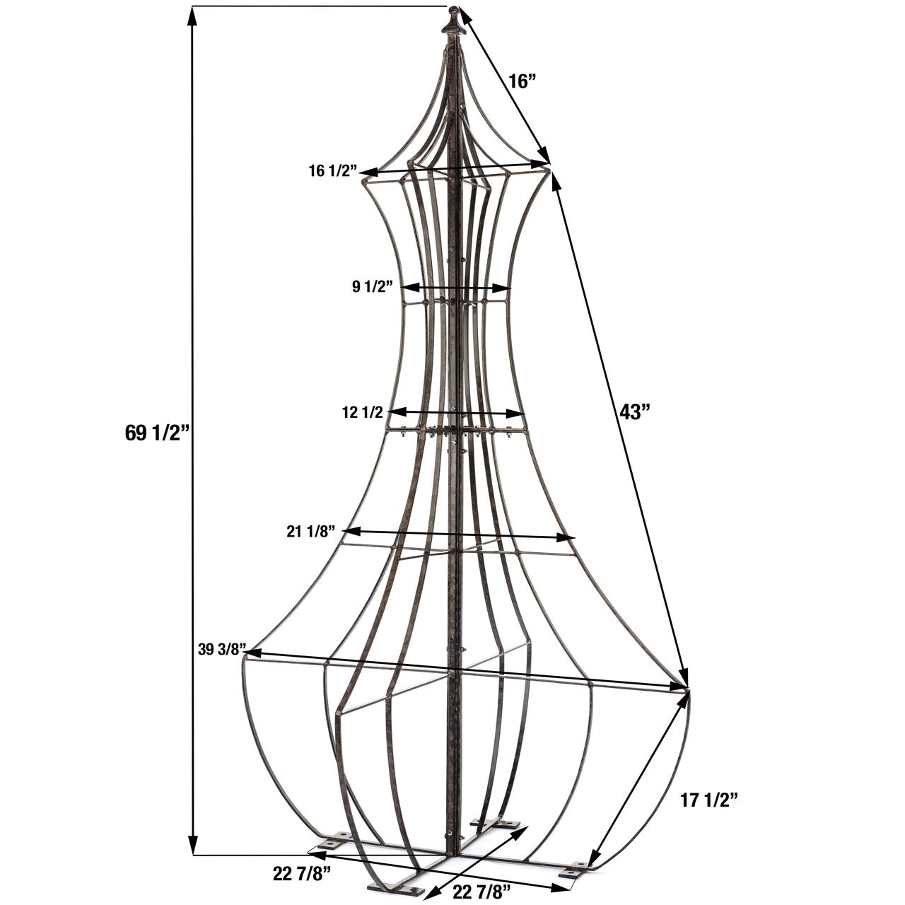 Dimensions diagram for H Potter GAR460 obelisk trellis, 39.5″W × 69.5″H with labeled measurements Metal Garden Yard Art