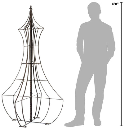 H Potter GAR460 obelisk trellis shown beside 6-ft person for scale Metal Garden Yard Art