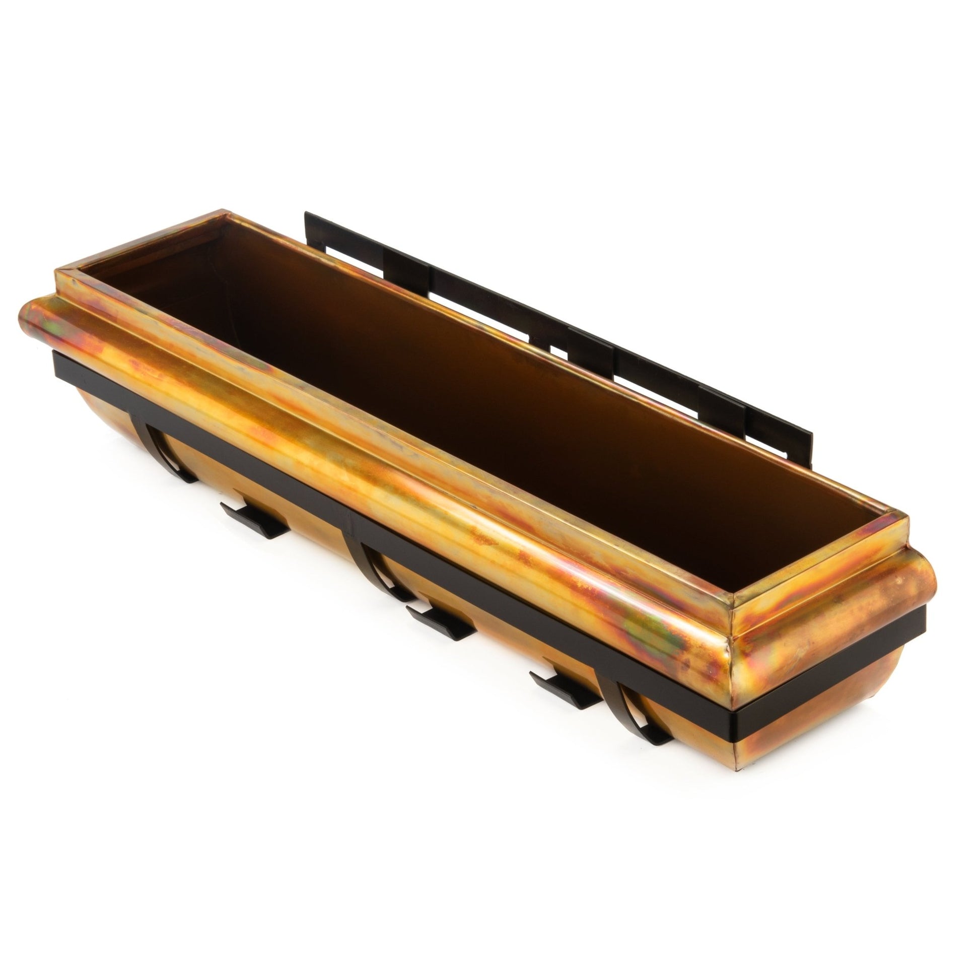Rustic copper window box planter with black metal frame top angled product view 36 inch