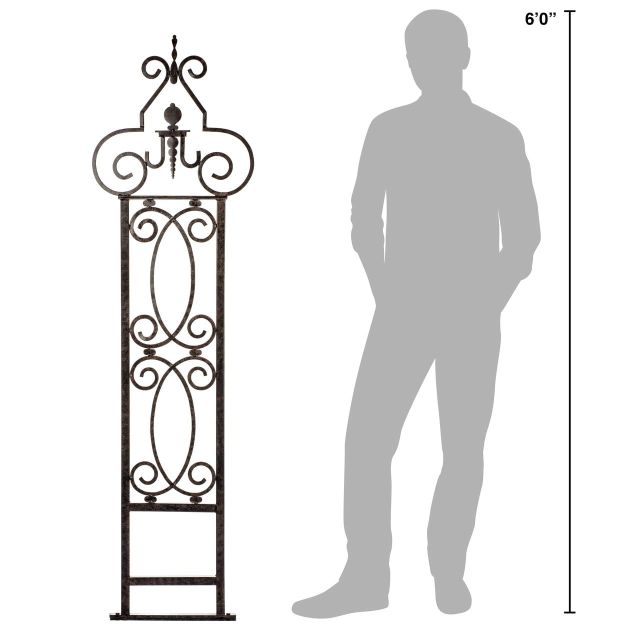 Dimensions with gray man—scale view; fits small patios/balconies; check HOA rules before wall mount