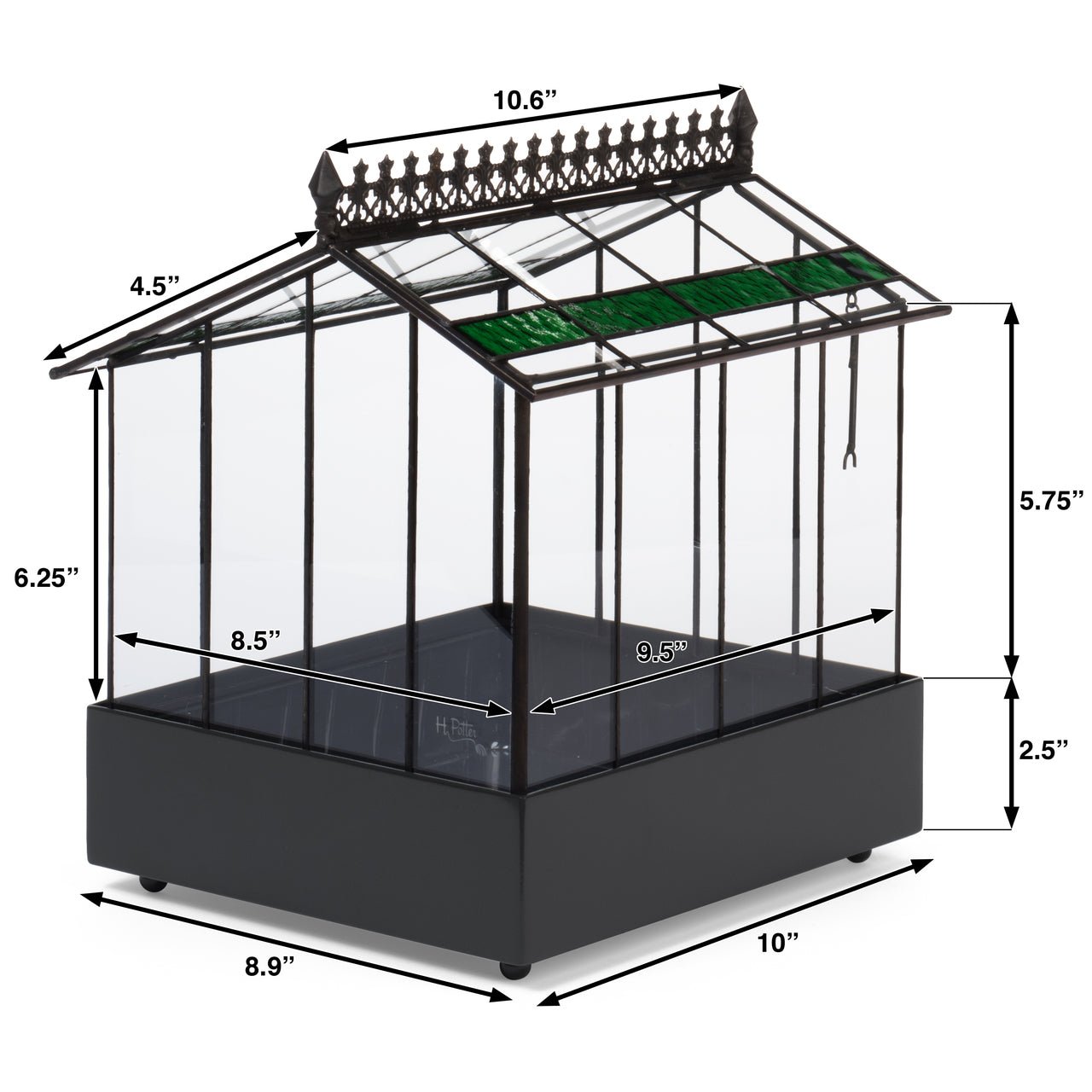 Technical line drawing showing the dimensions of the H Potter terrarium: 9 inches wide, 6 inches deep, and 10 inches high at the peak of the roof.