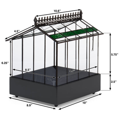 Technical line drawing showing the dimensions of the H Potter terrarium: 9 inches wide, 6 inches deep, and 10 inches high at the peak of the roof.